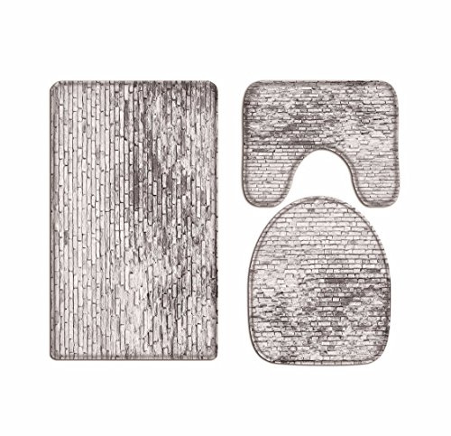 A.Monamour Badezimmer Badematte 3 Teilig Set Set Abgenutzte Befleckte Weiße Backsteinmauer Toilettendeckel Abdeckt Badmatte Teppich Flanell Saugfähig Badteppiche Badvorleger Badgarnitur WC Vorleger