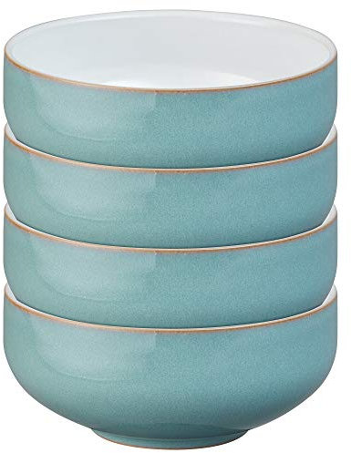 Denby - Azure Blue Cereal Bowls Set of 4 - Dishwasher Microwave Safe Crockery 800ml 15.5cm - Sea Blue, White Ceramic Stoneware Tableware - Chip & Crack Resistant Soup Bowls