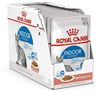 Royal Canin Indoor Sterilised en Salsa | 12 x 85 g | Alimento Completo para Gatos Adultos Que Viven en Interior | para Gatos esterilizados | Bocaditos en Salsa