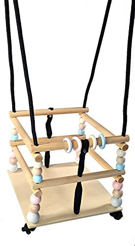 Hess-Spielzeug Columpio de Madera con peldaños, Perlas y Anillos Colores, Serie Nature, para bebés a Partir 12 Meses, Disfrutar un balancín sin Preocupaciones en casa, jardín terraza.
