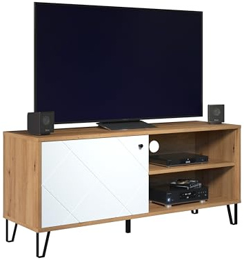 trendteam smart living - Touch - Lowboard - Weiß/Eiche - TV-Unterteil mit 1 Tür und 2 offenen Fächern - Fronten mit dekorativer Fräsung - (BxHxT) 123 x 56 x 40 cm - extravagante schwarze Metallfüße | B 123 x H 56 x T 40 cm · Soft-Close-Dämpfer · für TVs bis 50 Zoll · 12 cm Metallbeine