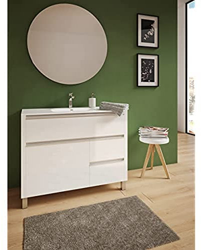 Atrios Modelo Tauro Conjunto Baño con Patas, 4 Cajones Lavabo Porcelánico Incluido, Mueble MONTADO, Madera, Lacado Blanco, 100 cm