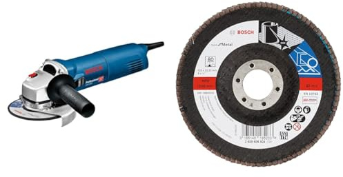 Bosch Professional Meuleuse Angulaire GWS 1400 (Ø 125 mm, Flasque de Serrage, Capot de Protection, Ecrou de Serrage, Clé à Ergots, Boite Carton) + Plateau à Lamelles X571, 80 Grain, 125mm