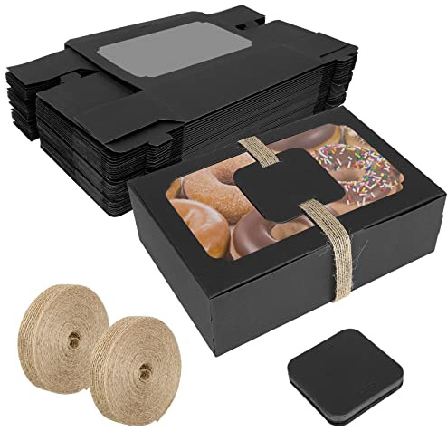 GOYADA 24 Stück Keksboxen mit Fenster, 20.3x15.2x7.6 cm, schwarze Geschenkboxen mit Fenster, Karten und Schnur, Brownie-Box zum Verpacken von Schokolade, Erdbeeren, Donuts, Muffins, Gebäck und Kuchen