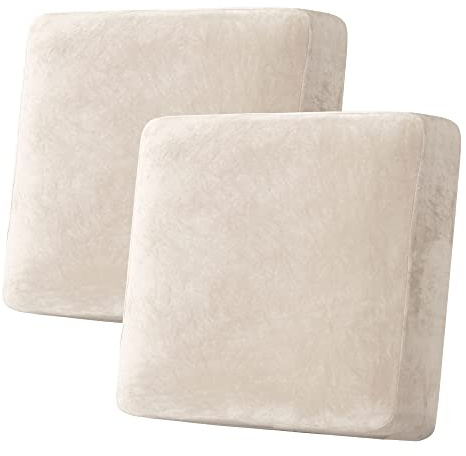 H.VERSAILTEX Velvet Stretch Couch Cushion Cover Plush Cushion Slipcover for Chair Loveseat Sofa Cushion Furniture Protector Seat Cushion Sofa Cover (2 Piece Large Sofa Cushion Covers, Ivory)