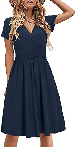 STYLEWORD Robe d'été à Manches Courtes pour Femme Robe d'été à col en V Floral Wrap Taille Robe décontractée avec Poches(Marin,M)