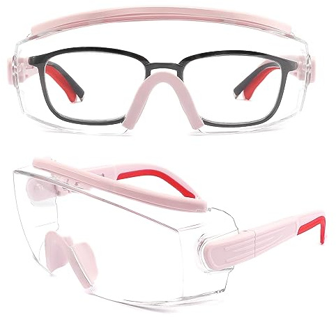 Safety Glasses Over Eyeglasses Anti Fog Safety Goggles Protective Glasses With Adjustable Frame For Men Women (Pink)