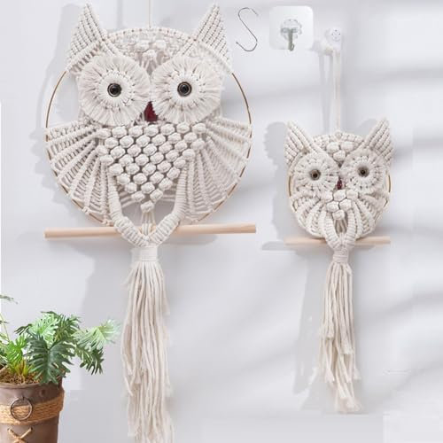 2 Pièces Attrape-rêves Hibou Macramé Tenture Tapisserie Boho, Décoration de Fête à Domicile Art Tissé à la Main pour Le Bureau Chambre à Coucher Appartement Chambre des Enfants Galerie