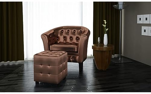 Gecheer Brown Faux Leather Chesterfield Armchair with Footstool, Tufted Upholstery, Solid Wood Frame, Comfortable Design for Living Room