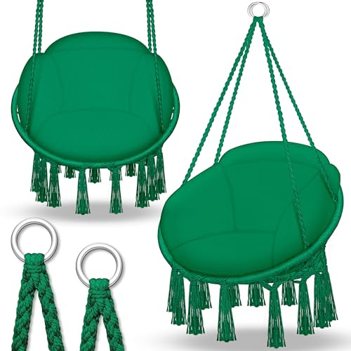 tillvex® Hängesessel mit dickem Kissen zum Aufhängen | Für Indoor & Outdoor | Hängekorb wetterfest bis 200kg | Hängestuhl Schaukelkorb | Boho Hängesitz für Garten, Balkon, Terrasse oder Wohnzimmer