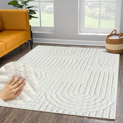payé Tapis de salon, à poils longs, 160 x 230 cm, uni, crème pastel, bohème, motif géométrique moderne, scandinave, moelleux, doux, pour chambre à coucher