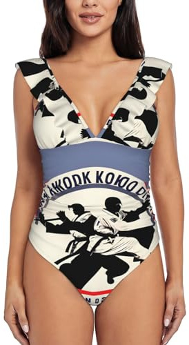 Drtgeds Tea Cups with Roses Romantic Shabby Print Women's One Piece Swimsuits High Waisted Bathing Ruffled Flounce Suit, Taekwondo Design, XL
