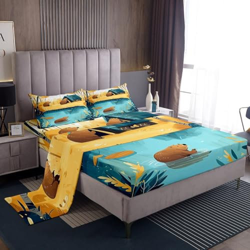 Cute Beaver Bed Sheet Set Twin Size Cartoon Wild Animal Sheet Set Yellow Trees Blue River Sheets Bedroom Decor Farmhouse Style Beavers Bedding Set with Flat Sheet Fitted Sheet Pillowcase 3Pcs