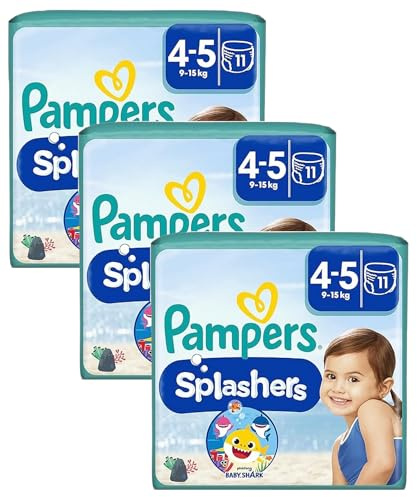 Pampers Windeln Größe 4-5, Splashers Baby Shark Limited Edition, 11 Stück, Einweg-Schwimmwindeln, für sicheren Schutz im Wasser (Packung mit 3)