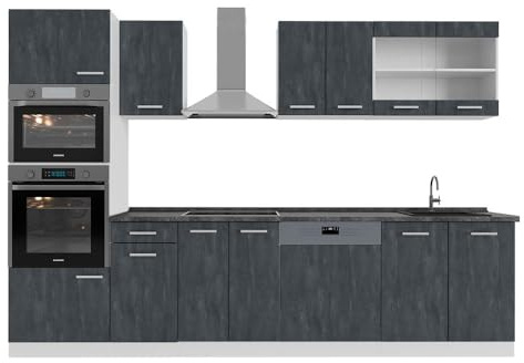 Vicco Küchenzeile R-Line, Küchenblock, Schwarz Beton/Weiß, 300 cm AP Anthrazit