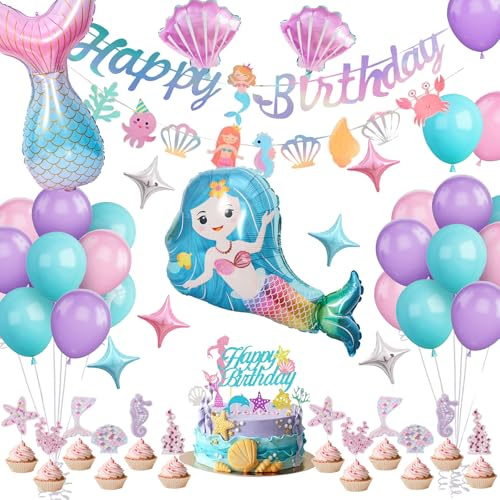 Meerjungfrau Geburtstag Deko, Meerjungfrau Thema Geburtstag Party | Mit Happy Birthday Banner Set, Kuchen Toppers und Ballons für Deko Kindergeburtstag Babyparty