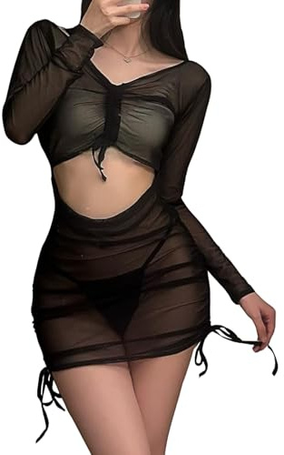 NewBull Abito sexy da donna, trasparente, a maniche lunghe, con scollo a V, con coulisse, con coulisse, abito avvolgente e perizoma Babydoll, lingerie da notte, in tulle, Nero , Taglia unica