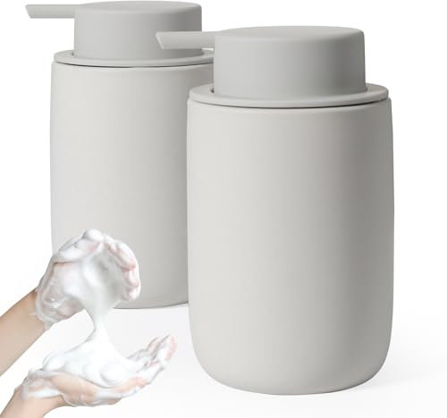 Autumnlife Seifenspender Set Schaum, 2 Stück Schaumseifenspender Matt Grau Seifenspender mit Großer Pumpe und Etikett, Keramik Dish Soap Dispenser Geeignet für Küche Bad Arbeitsplatte | 350ml