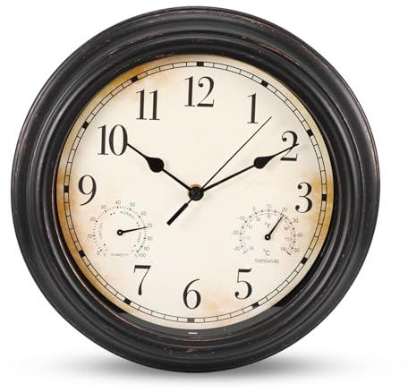 Jasfyee Outdoor/Indoor Waterproof Wall Clock with Thermometer and Hygrometer, Sweep Silent Movement Wall Clock, Decorative Retro Wall Clock for Patio Porch Garage