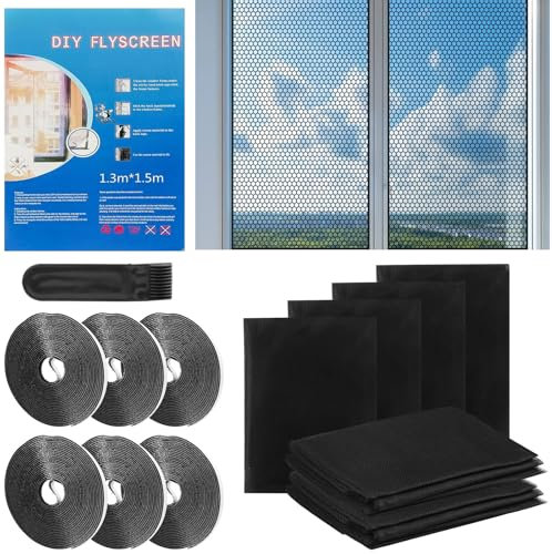 6 unidades de mosquiteras para ventanas, 130 x 150 cm, autoadhesivas, con cinta de velcro, protección contra insectos para ventanas, color negro, sin taladrar, para ventanas, proteger a la familia de