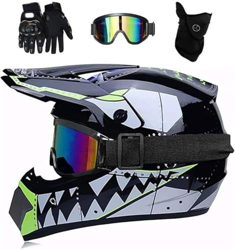 Unisex Integrale Casco da Motocross Impostato, Adulto Fuori Strada MTB Moto Casco, Discesa Enduro BMX ATV Quad Bici da Sporcizia Incidente Casco(Black,S(52~53cm))