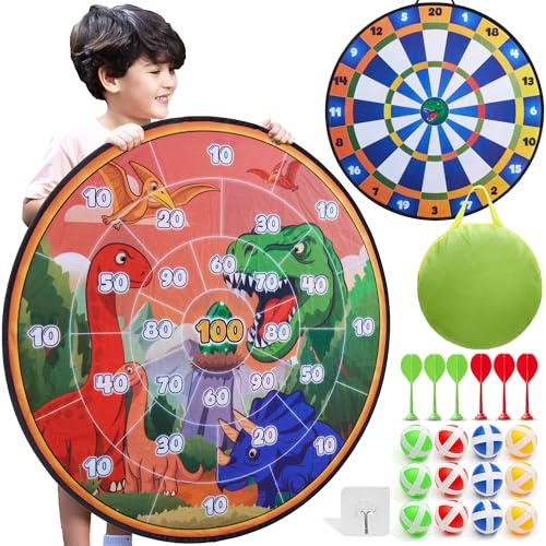 Jumbo Kids Dartscheibe XL oder XXL, große Klett-Dartscheibe mit wendbaren Designs, 16 Klettbälle und 6 Darts – Spiele für drinnen und draußen für Kinder von 3 bis 8 Jahren (Dinosaurier-1, 100cm)
