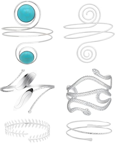 XLTXWD 6 Pcs Silver Arm Cuff, Arm Cuff, Statement Spiral Design Bracelet Set with Leaf & Snake Motifs Minimalist Simple Greek Armlet Wedding Fashion Jewelry