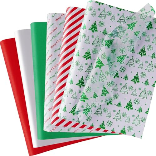 120 Blatt Seidenpapier Weihnachten, Rot Grün Weiß Seidenpapier Geschenkpapier Bulk, 6 verschiedene Designs Transparentpapier Bastelpapier für Weihnachten, Geburtstag, Basteln, Festival, 50 x 35 cm