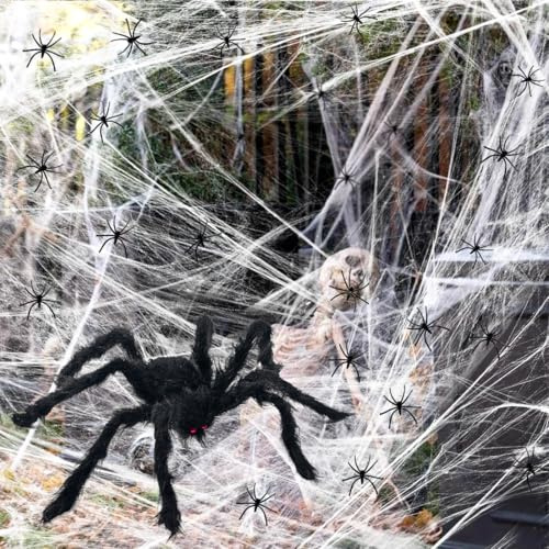 Cadimus Ragnatele Halloween, 300g Ragnatela Bianca Elastica + 1PCS Ragno Grande + 50PCS Ragni Piccoli, Decorazione di Halloween Ragnatele, per Interni Esterni Spaventose Feste Casa Infestata