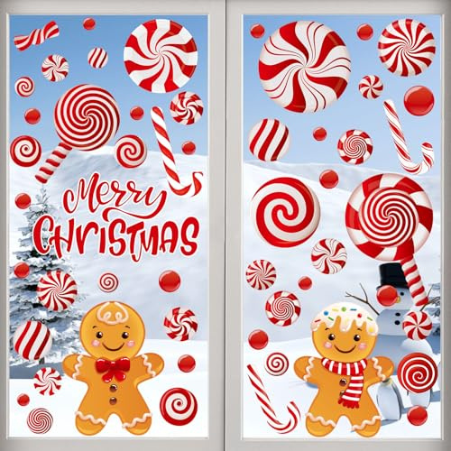 AhfuLife 73Pcs Noël Autocollants Fenetre Réutilisables, Stickers Fenetre Noël avec Bonbons rouges, Stickers Double Face Amovible pour DIY Décor Fenêtre de NoëL, Vitrines, Façades en Verre