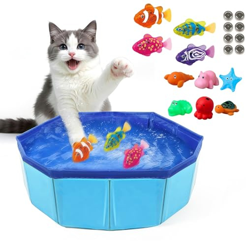 Katzenpool 50x10cm Mit Fischwasserspielzeug Und LED Elektronischem Haustier Fischspielzeug Klappbarer Pool Rutschfester Katzenpool Interaktives Wasserspielzeug Tragbare Hundebad Für Katzen Und Hunde