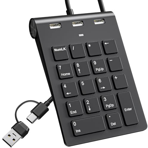 USB C Wired Number Pad, USB Numeric Keypad with 3 USB 2.0 Ports, 18 Key Number Pad Portable Slim Mini Keyboard for Laptop/Desktop/ Surface/ iPad, USB Number Keypad for Windows/MacOS/Chrome OS, Black