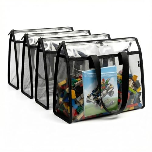 HOLAY 4-pack Transparenta Förvaringsväskor för Leksaker med Handtag – Lekrumsorganisatör för Barnleksaker, Brädspel & Skolmaterial, PVC-Front & Förstärkt Botten (Svart, XL)