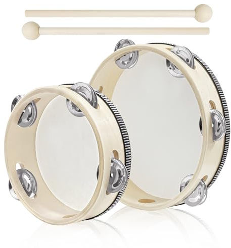 2 Piezas Pandereta de Madera,Tambor de Mano 6 Pulgadas y 8 Pulgadas,Instrumentos de Percusión Tamburina (Color de la madera,8 pulgadas + 6 pulgadas)