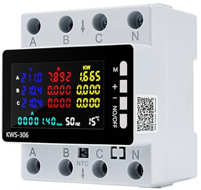 Compteur Electrique Triphasé 4 Fils 80A 220V CA, 9 en 1 Compteur d'énergie Numérique Wattmètre montage sur rail DIN, Protection contre les Surtensions/sous-tensions (SANS Wi-Fi)