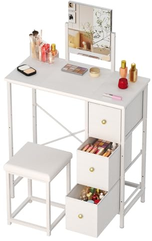 27.5 Small Vanity Desk with Mirror & Chair, Compact Makeup Vanity Set with Chair, Small Dressing Table with 3 Fabric Drawers for Bedroom, Make up Table with Stool for Girls, Kids, Teens, White