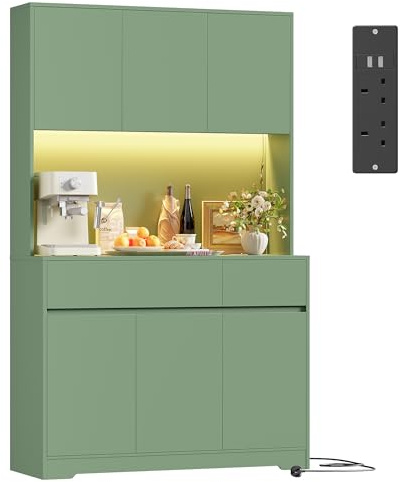 FirFurd Kitchen Cupboard 180cm Tall Cabinet Kitchen Sideboard Storage Cabinet with LED, Power Outlet, Adjustable Shelves, 2 Drawers, 6 Doors, Large Countertop 180x100x38.5 cm Green
