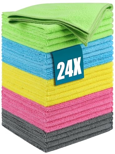 Huglux 24-Pack Microfibre Cleaning Cloths 30 × 30 cm, 5 Colours | Ultra Absorbent Lint-Free Streak-Free Microfibre Cloths For Kitchen, Glass, Cars And Bathrooms