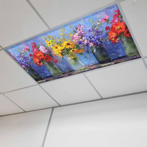 Fluorescent Light Covers, Spring Flowers Magnetic Light Covers for Ceiling Lights, Colorful Vases Floral Oil Painting Art Fluorescent Ceiling Shade Filters for Classroom Bedroom Office 4x2Ft x 1PCS