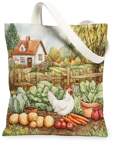 Spring Chicken Rooster Gardening Canvas Tote Bag for Shopping 13x15, Poultry Farmhouse Country Reusable Grocery Print Pattern Bag for Women, Planting Aesthetic Painting Gift Decor