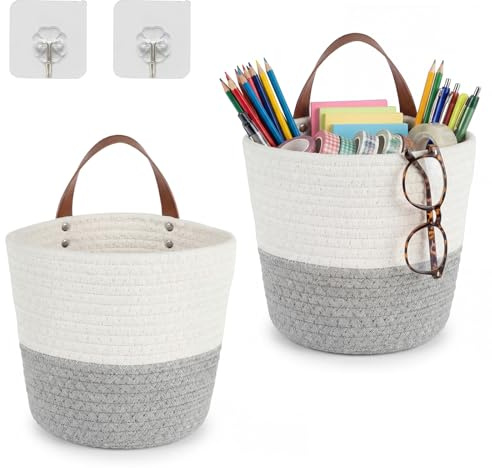 Set da 2 Ceste Sospese, Cesto Portaoggetti per Bagno, Cesta in Corda di Cotone con Manici in Pelle, Cesto Intrecciato da Appendere, 16 x 18 cm Ceste da Parete per Soggiorno, Bagno (B)