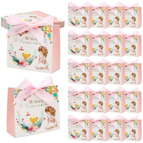 BORISCA 22pcs Rosa Bolsa Regalo Comunion Niña Detalles Comunion para Niños para los Invitados Bolsas Cajas Regalo con Cinta Rosa de Comunión que se Puede Rellenar para Velas o Galletas de Chocolate