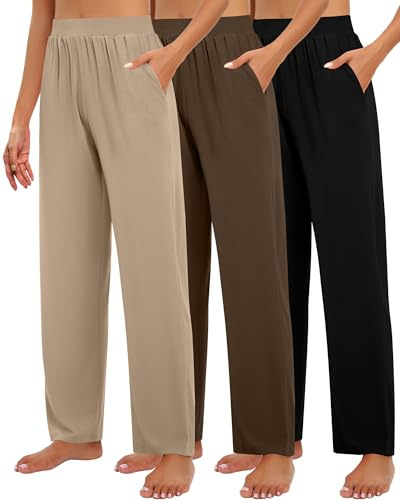 Geyoga Lot de 3 Pantalons de Détente pour Femme avec Poches Jambes Larges Confortables et Fluides Parfaits pour Le Yoga(L,Noir, Marron, Kaki)