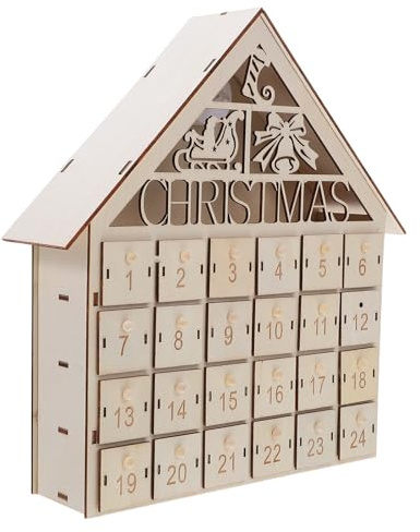 ULTECHNOVO Calendrier de L'avent en Bois avec 24 Tiroirs, Décoration Rustique Lumineuse pour Table, Compte à Rebours Festif Interactif pour Famille