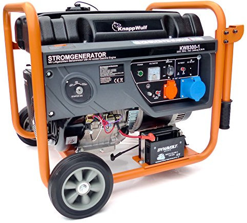 KnappWulf Stromerzeuger KW8300-1 Generator Notstromaggregat 1x230V, 1x230V Camping Steckdose blau, max. 7,7kW, Benzinmotor mit 15PS, Seilzugstarter/Elektrostarter, Ölmangelsicherung, AVR, 25L Tank