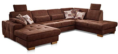 CAVADORE Wohnlandschaft Puccino mit Federkern, Sitztiefenverstellung und 2 Kopfstützen / Sofa in U-Form im Landhausstil / 340 x 86 x 224 cm / Mikrofaser braun