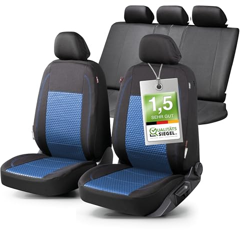 Walser Premium Autositzbezüge Avignon mit Reißverschluss Qualitätssieger Sehr Gut* Sitzbezüge Auto, Zipp-IT Schonbezüge Komplettset, 2 Vordersitzbezüge, 1 Rücksitzbezug schwarz/blau 11871