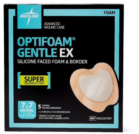 Medline Optifoam Gentle EX Bordered Foam Adhesive Dressing, 7 x 7 Sacral (5 Count)