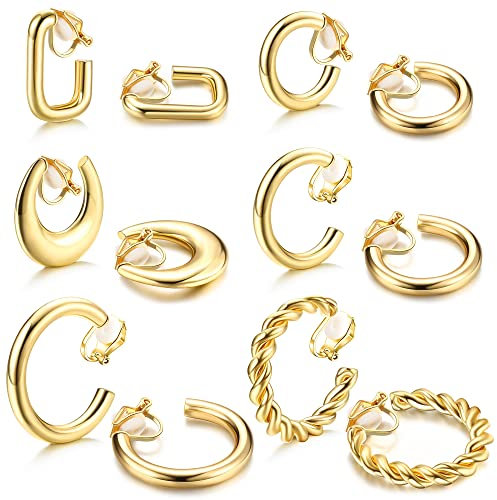CASSIECA 6 Paare Clip Ohrringe für Damen Frauen Gold Hypoallergen Chunky Creolen Ohrclips Ohne Ohrlöcher Klips Ohrringe Set Modeschmuck Geschenk
