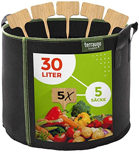 TerraUno - Pflanzsack aus Vliesstoff (5 Stück) I Pflanzentasche 30 Liter I Pflanzentasche zur Anzucht von Kartoffeln, Tomaten, Erdbeeren & Co